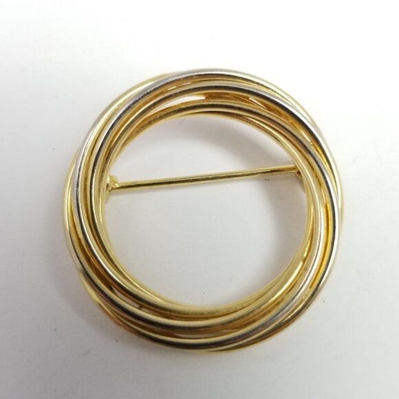 Vintage Circle Brooch, Gold Tone Spiral Wreath Lapel Pin, Minimal Unisex Estate - Picture 1 of 6